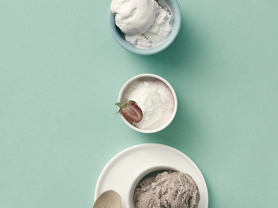 Bowls of strawberry, vanilla and chocolate ice cream
